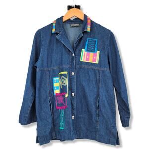 Vintage Saint Germain Women's Denim Embroidered Patchwork Jacket‎ Size Petite